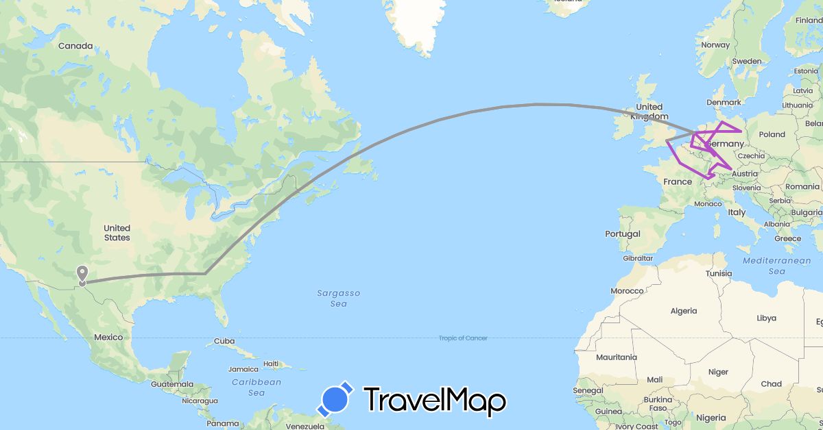 TravelMap itinerary: driving, plane, train in Belgium, Switzerland, Germany, France, United Kingdom, Netherlands, United States (Europe, North America)